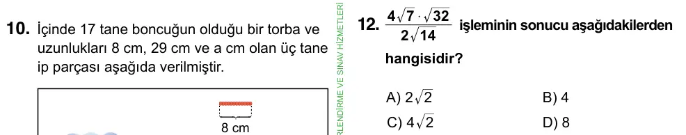 8. Sınıf ve Hazırlık Matematik 2023 İOKBS Bursluluk Sınavı 12. Soru görseli