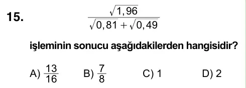 8. Sınıf ve Hazırlık Matematik 2023 İOKBS Bursluluk Sınavı 15. Soru görseli