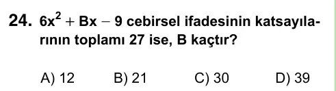 8. Sınıf ve Hazırlık Matematik 2023 İOKBS Bursluluk Sınavı 24. Soru görseli