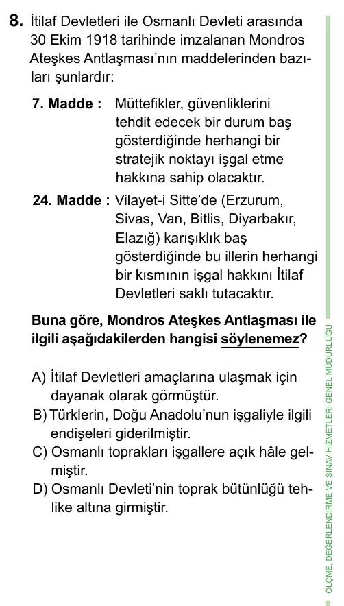 8. Sınıf ve Hazırlık Sosyal Bilgiler 2023 İOKBS Bursluluk Sınavı 8. Soru görseli
