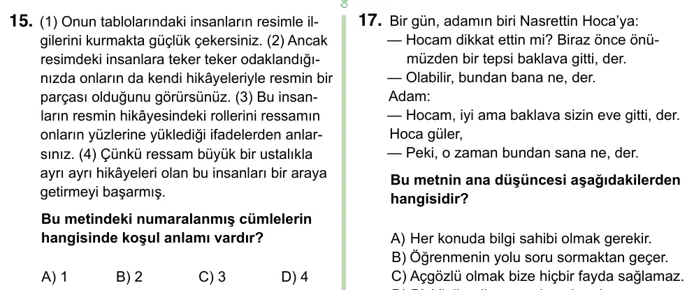 8. Sınıf ve Hazırlık Türkçe 2023 İOKBS Bursluluk Sınavı 15. Soru görseli