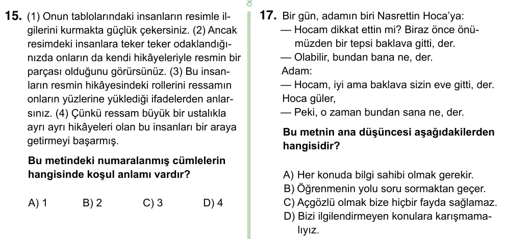 8. Sınıf ve Hazırlık Türkçe 2023 İOKBS Bursluluk Sınavı 17. Soru görseli
