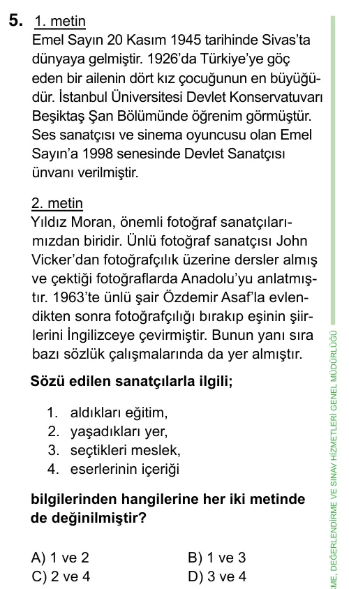 8. Sınıf ve Hazırlık Türkçe 2023 İOKBS Bursluluk Sınavı 5. Soru görseli