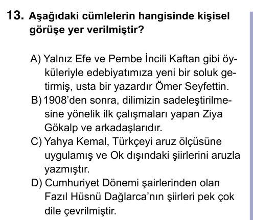 9, 10, 11. Sınıf Türk Dili ve Edebiyatı 2023 İOKBS Bursluluk Sınavı 13. Soru görseli