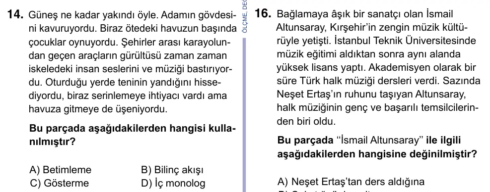 9, 10, 11. Sınıf Türk Dili ve Edebiyatı 2023 İOKBS Bursluluk Sınavı 14. Soru görseli