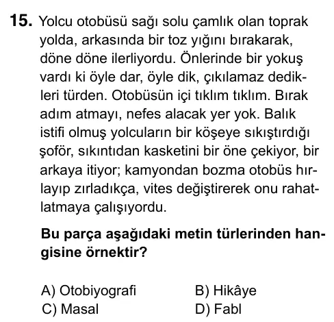 9, 10, 11. Sınıf Türk Dili ve Edebiyatı 2023 İOKBS Bursluluk Sınavı 15. Soru görseli