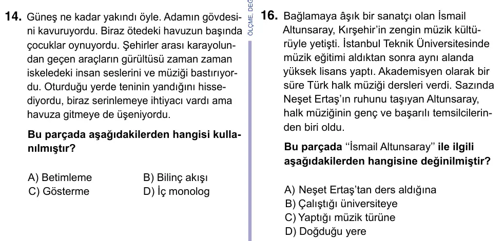 9, 10, 11. Sınıf Türk Dili ve Edebiyatı 2023 İOKBS Bursluluk Sınavı 16. Soru görseli