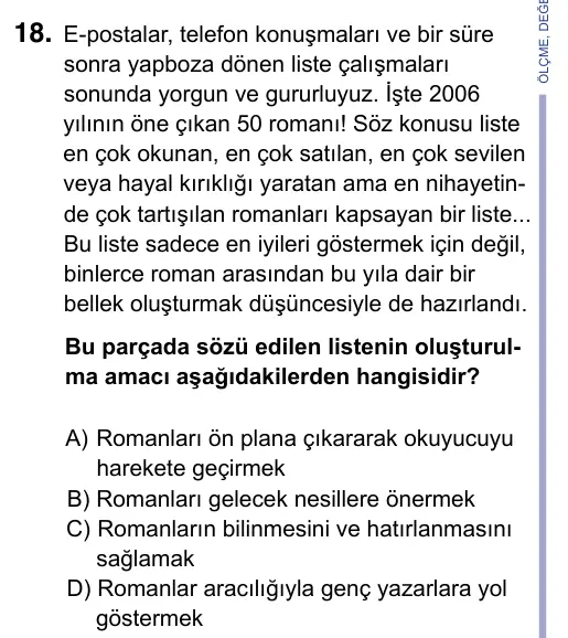 9, 10, 11. Sınıf Türk Dili ve Edebiyatı 2023 İOKBS Bursluluk Sınavı 18. Soru görseli