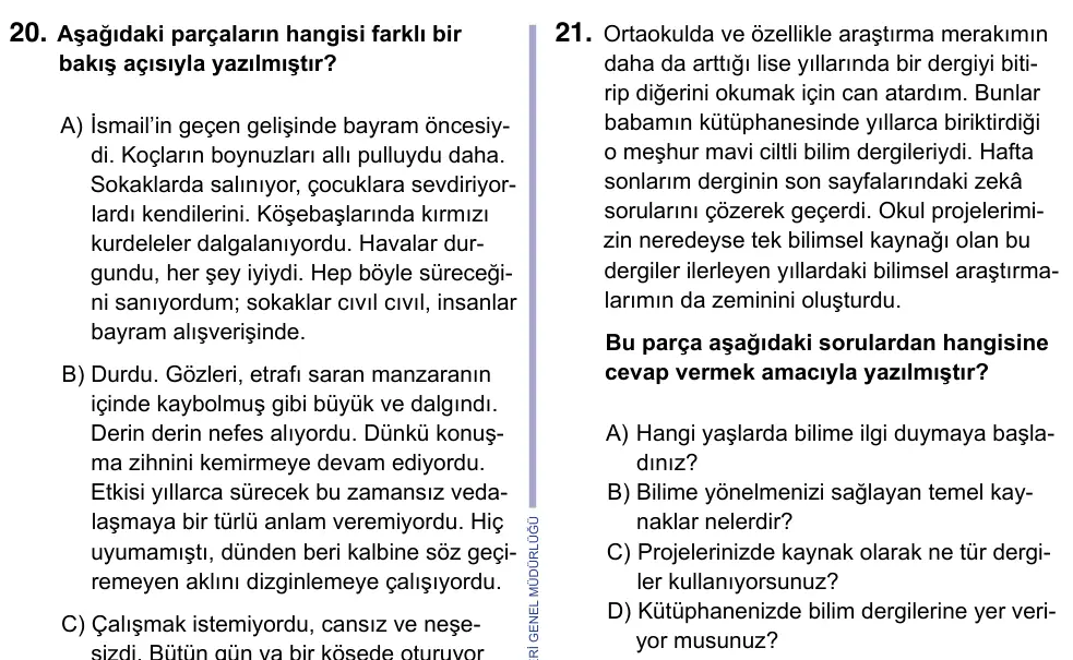 9, 10, 11. Sınıf Türk Dili ve Edebiyatı 2023 İOKBS Bursluluk Sınavı 21. Soru görseli