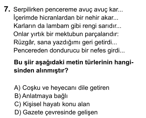 9, 10, 11. Sınıf Türk Dili ve Edebiyatı 2023 İOKBS Bursluluk Sınavı 7. Soru görseli