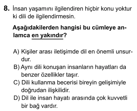 9, 10, 11. Sınıf Türk Dili ve Edebiyatı 2023 İOKBS Bursluluk Sınavı 8. Soru görseli