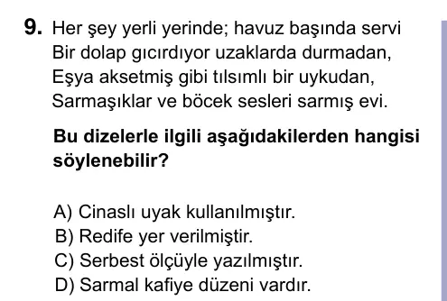 9, 10, 11. Sınıf Türk Dili ve Edebiyatı 2023 İOKBS Bursluluk Sınavı 9. Soru görseli