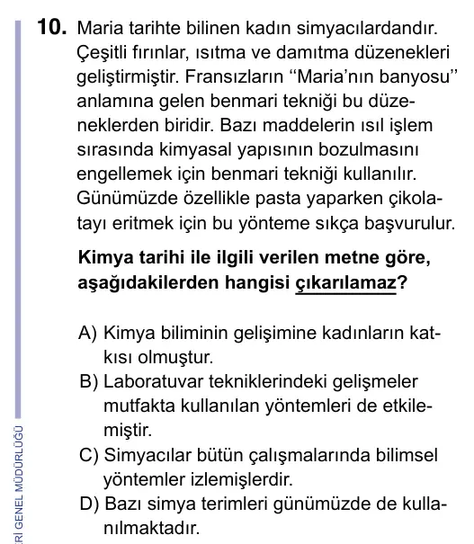 9, 10, 11. Sınıf Fen Bilimleri 2023 İOKBS Bursluluk Sınavı 10. Soru görseli