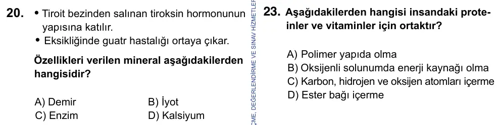 9, 10, 11. Sınıf Fen Bilimleri 2023 İOKBS Bursluluk Sınavı 20. Soru görseli