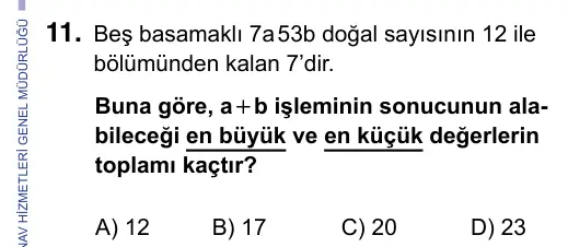 9, 10, 11. Sınıf Matematik 2023 İOKBS Bursluluk Sınavı 11. Soru görseli