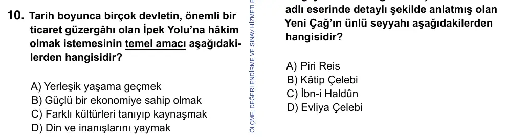 9, 10, 11. Sınıf Sosyal Bilgiler 2023 İOKBS Bursluluk Sınavı 10. Soru görseli