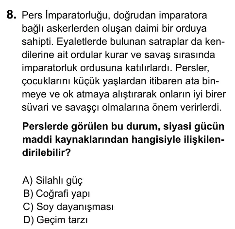 9, 10, 11. Sınıf Sosyal Bilgiler 2023 İOKBS Bursluluk Sınavı 8. Soru görseli