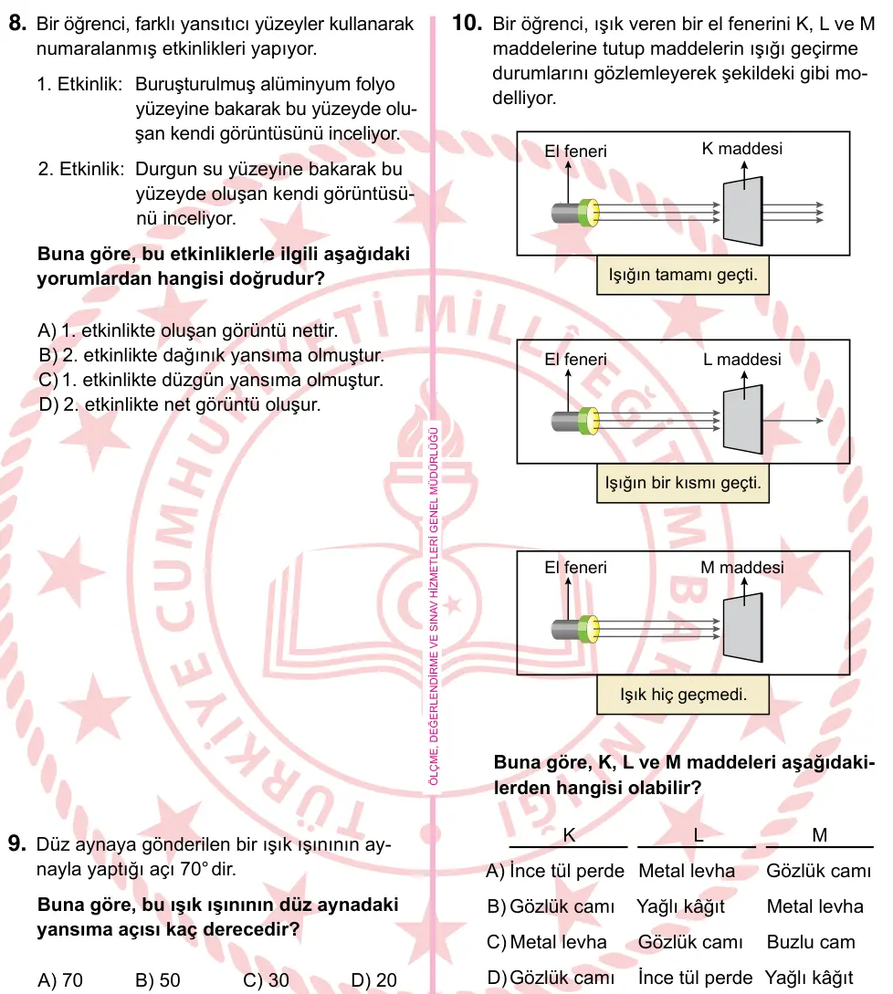 5. Sınıf Fen Bilimleri 2024 İOKBS Bursluluk Sınavı 10. Soru görseli