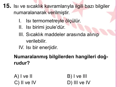 5. Sınıf Fen Bilimleri 2024 İOKBS Bursluluk Sınavı 15. Soru görseli