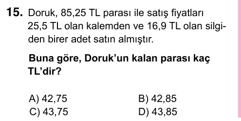 5. Sınıf Matematik 2024 İOKBS Bursluluk Sınavı 15. Soru görseli