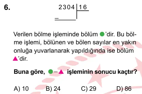 5. Sınıf Matematik 2024 İOKBS Bursluluk Sınavı 6. Soru görseli