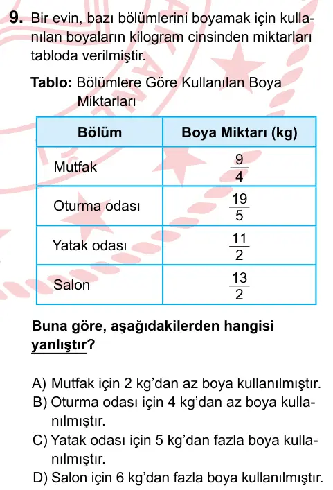 5. Sınıf Matematik 2024 İOKBS Bursluluk Sınavı 9. Soru görseli