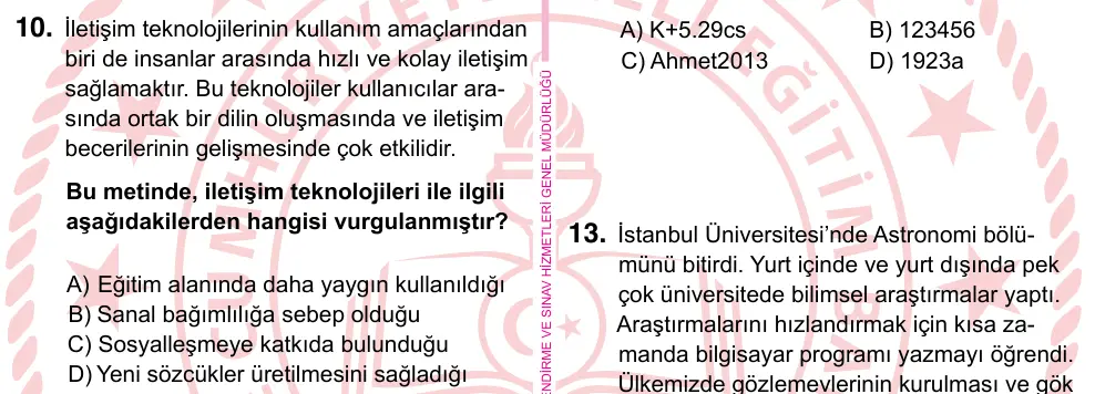 5. Sınıf Sosyal Bilgiler 2024 İOKBS Bursluluk Sınavı 10. Soru görseli
