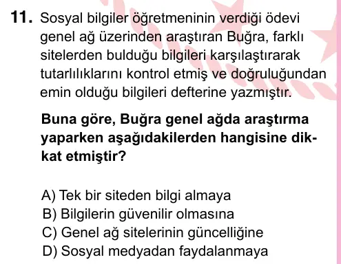 5. Sınıf Sosyal Bilgiler 2024 İOKBS Bursluluk Sınavı 11. Soru görseli