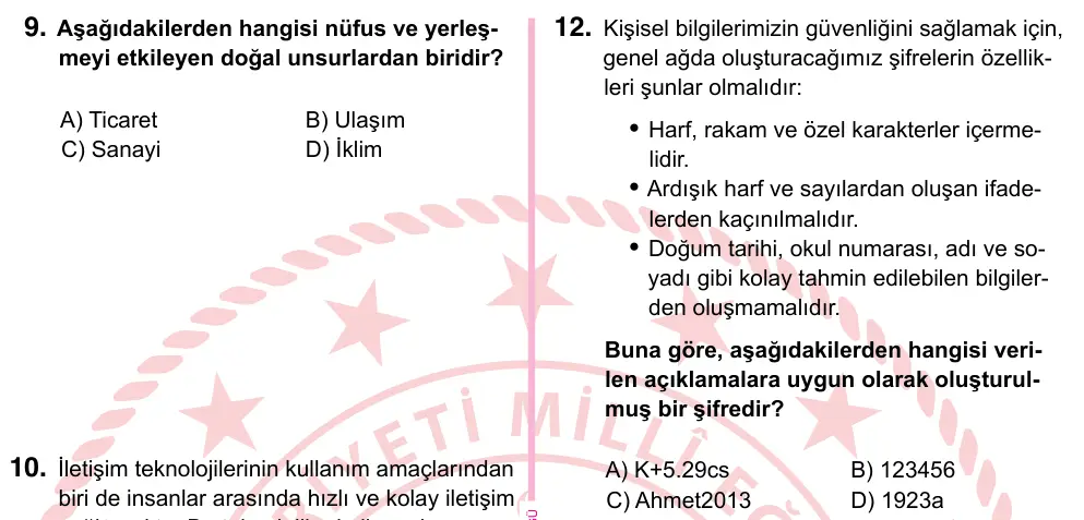5. Sınıf Sosyal Bilgiler 2024 İOKBS Bursluluk Sınavı 12. Soru görseli
