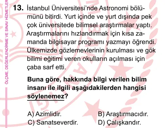 5. Sınıf Sosyal Bilgiler 2024 İOKBS Bursluluk Sınavı 13. Soru görseli