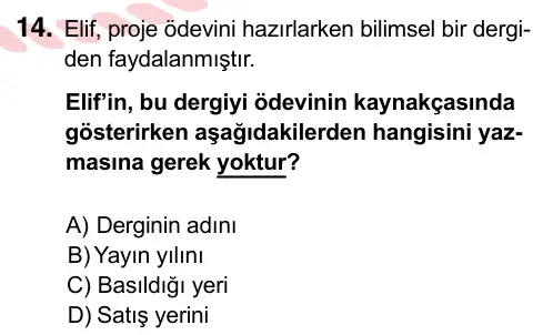 5. Sınıf Sosyal Bilgiler 2024 İOKBS Bursluluk Sınavı 14. Soru görseli