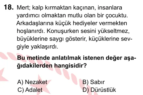 5. Sınıf Sosyal Bilgiler 2024 İOKBS Bursluluk Sınavı 18. Soru görseli