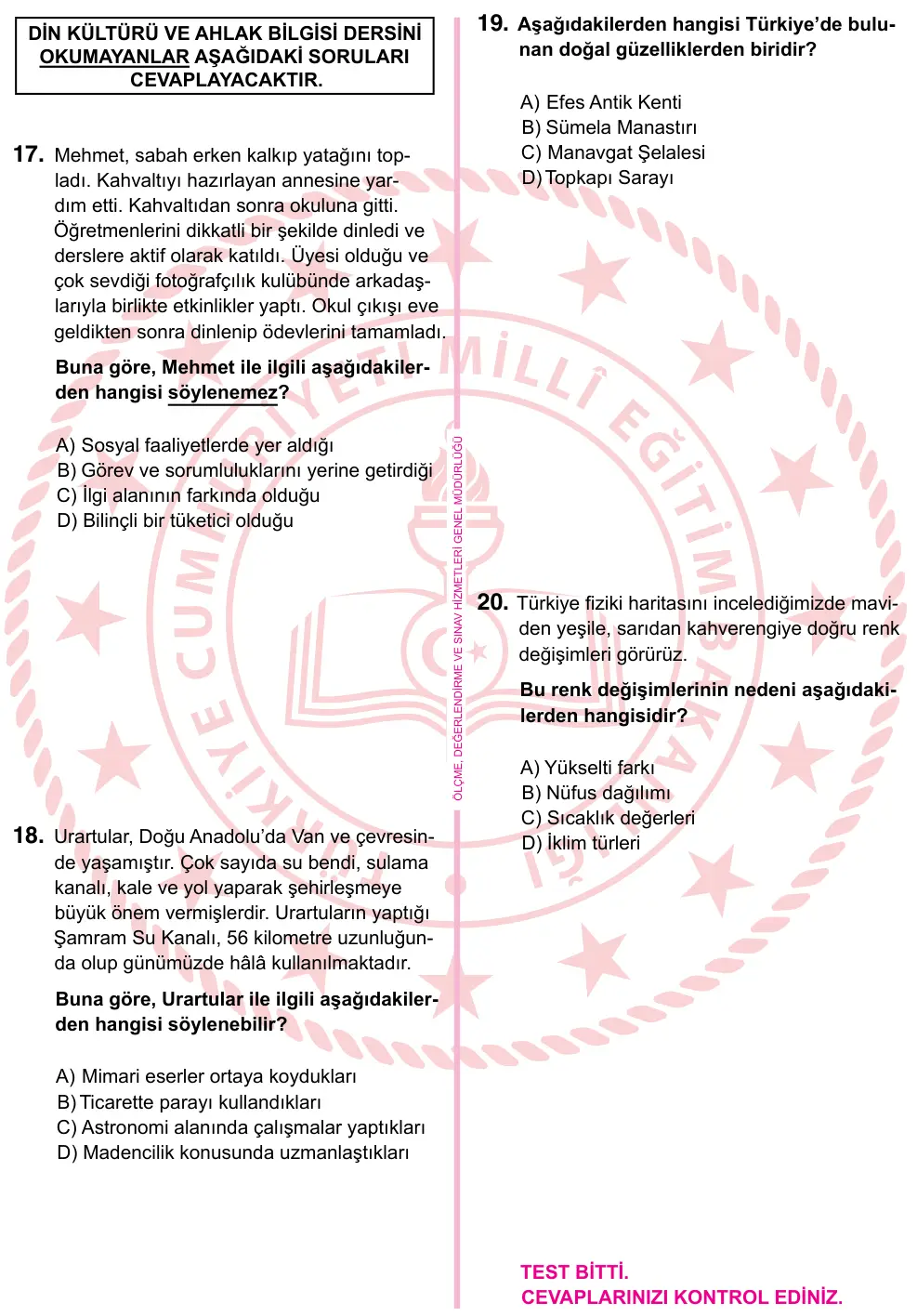 5. Sınıf Sosyal Bilgiler 2024 İOKBS Bursluluk Sınavı 20. Soru görseli (2/3)