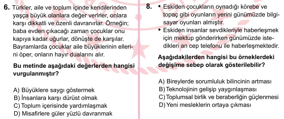 5. Sınıf Sosyal Bilgiler 2024 İOKBS Bursluluk Sınavı 6. Soru görseli