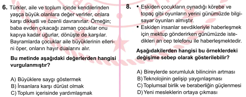 5. Sınıf Sosyal Bilgiler 2024 İOKBS Bursluluk Sınavı 8. Soru görseli