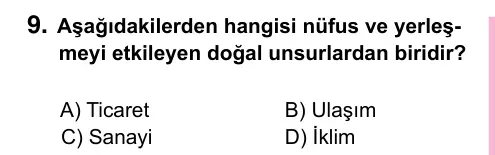 5. Sınıf Sosyal Bilgiler 2024 İOKBS Bursluluk Sınavı 9. Soru görseli