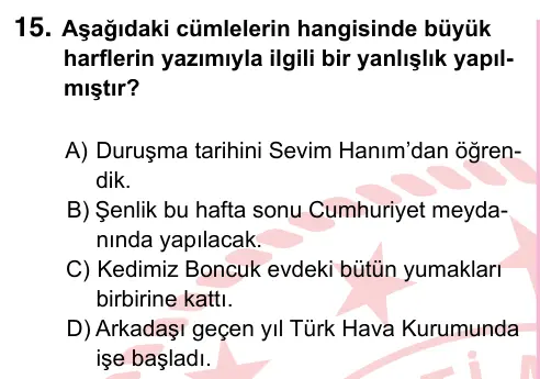 5. Sınıf Türkçe 2024 İOKBS Bursluluk Sınavı 15. Soru görseli