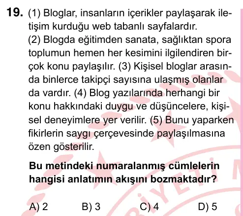5. Sınıf Türkçe 2024 İOKBS Bursluluk Sınavı 19. Soru görseli
