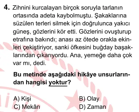 5. Sınıf Türkçe 2024 İOKBS Bursluluk Sınavı 4. Soru görseli