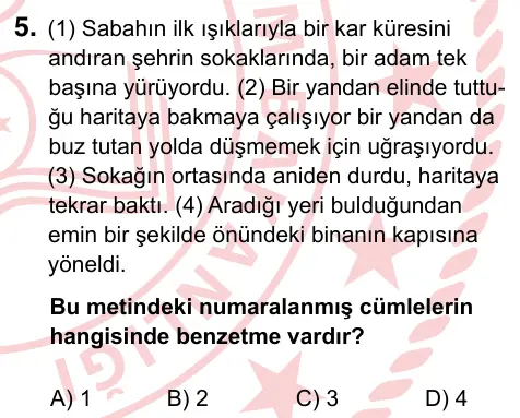 5. Sınıf Türkçe 2024 İOKBS Bursluluk Sınavı 5. Soru görseli