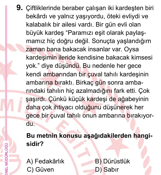 5. Sınıf Türkçe 2024 İOKBS Bursluluk Sınavı 9. Soru görseli