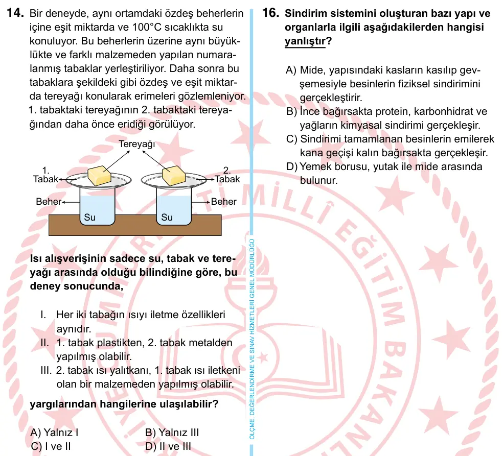 6. Sınıf Fen Bilimleri 2024 İOKBS Bursluluk Sınavı 14. Soru görseli