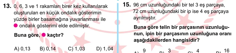 6. Sınıf Matematik 2024 İOKBS Bursluluk Sınavı 13. Soru görseli