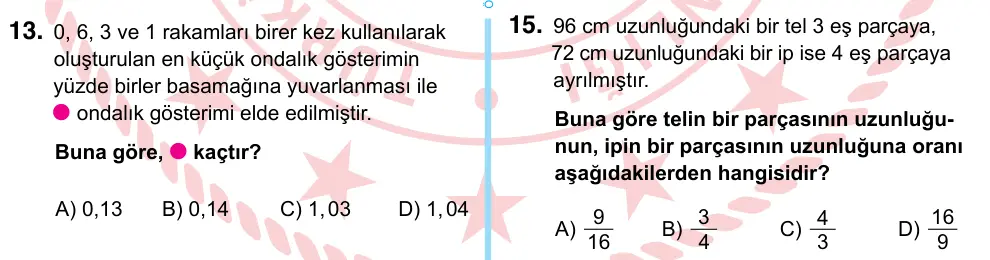 6. Sınıf Matematik 2024 İOKBS Bursluluk Sınavı 15. Soru görseli