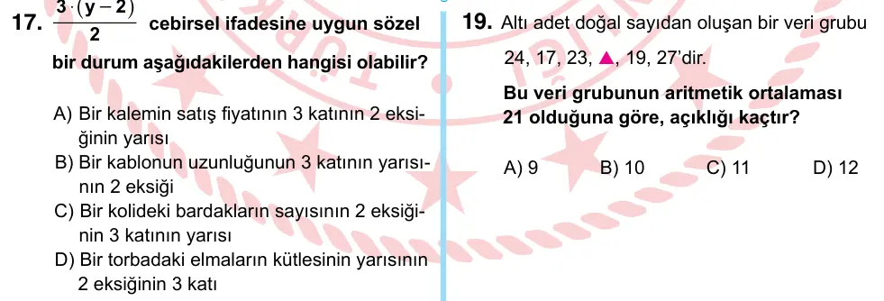 6. Sınıf Matematik 2024 İOKBS Bursluluk Sınavı 17. Soru görseli
