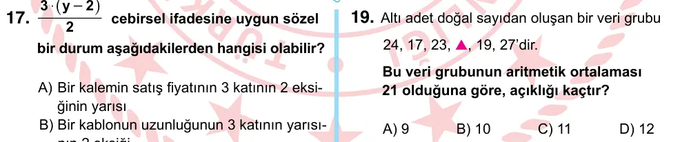 6. Sınıf Matematik 2024 İOKBS Bursluluk Sınavı 19. Soru görseli