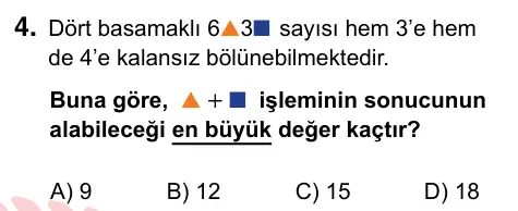 6. Sınıf Matematik 2024 İOKBS Bursluluk Sınavı 4. Soru görseli