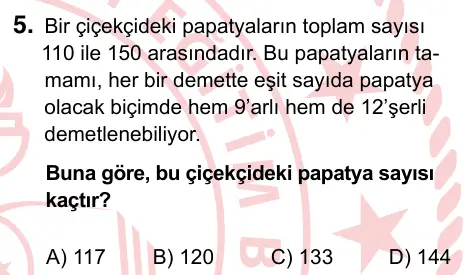 6. Sınıf Matematik 2024 İOKBS Bursluluk Sınavı 5. Soru görseli
