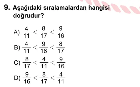 6. Sınıf Matematik 2024 İOKBS Bursluluk Sınavı 9. Soru görseli