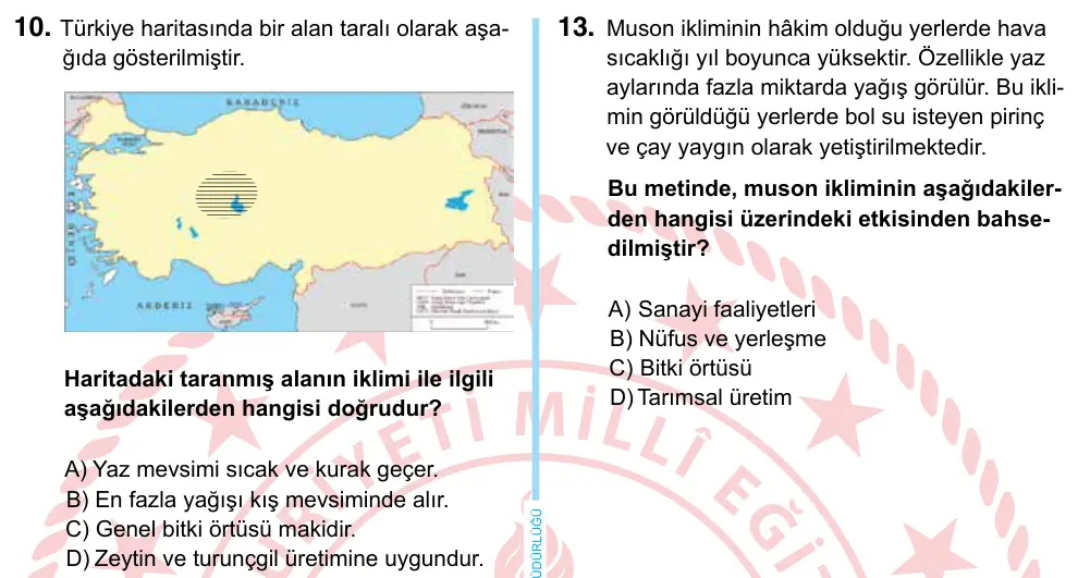 6. Sınıf Sosyal Bilgiler 2024 İOKBS Bursluluk Sınavı 10. Soru görseli